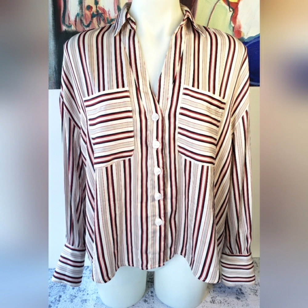 Free People Striped Sheer Dress Blouse red navy blue & cream